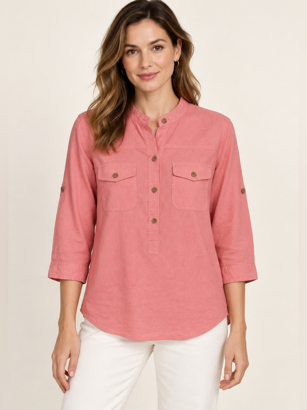 Theory Coral Pink Linen Blend Roll Tab Sleeve Utility Popover Shirt Size M